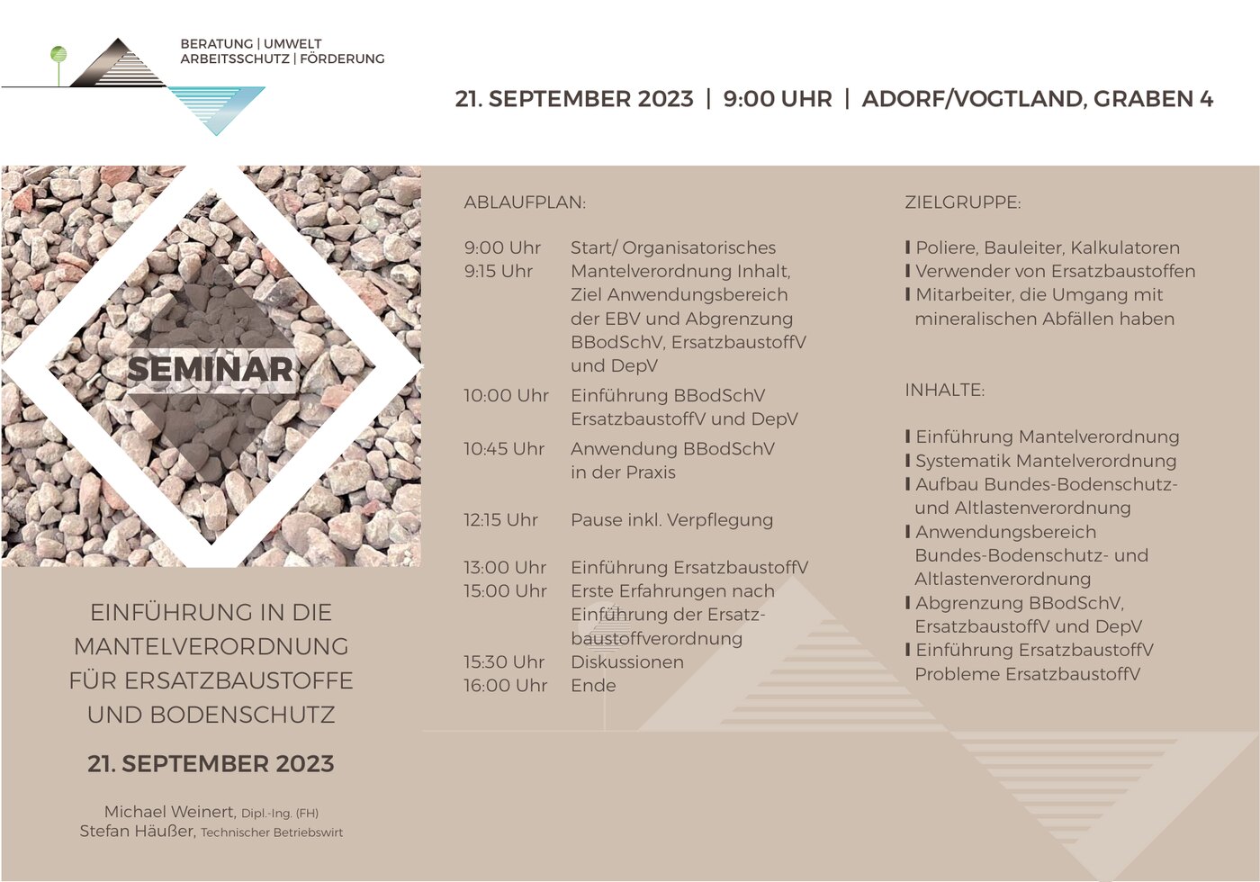 Seminarflyer: Einführung in die Mantelverordnung für Ersatzbaustoffe und Bodenschutz, mit Ablaufplan, Zielgruppe und Inhalten